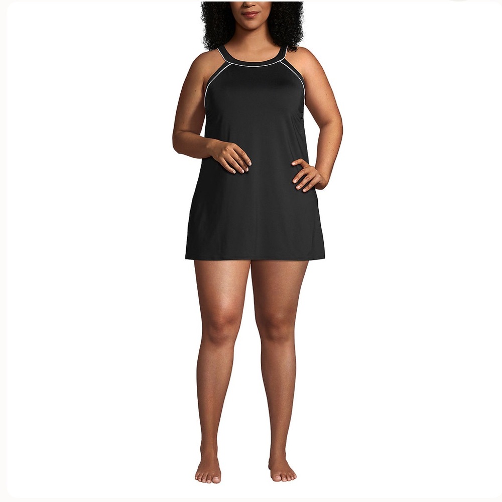 Lands’ End Women’s Plus Size High Neck Swim Dress Swimsuit 16W Black White